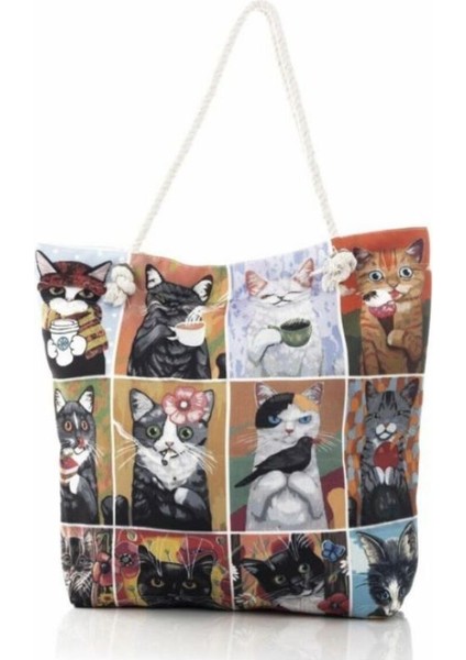 Kedi Desenli Plaj Çantası