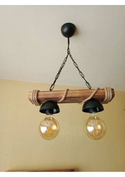 Vintage, Otantik 2li Ahşap, Rustik Avize E27 Duylu