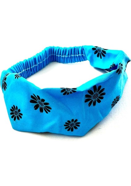 -Mavi - Siyah Çiçek Desenli Şık Saç Bandanası, Paraşüt Bandana