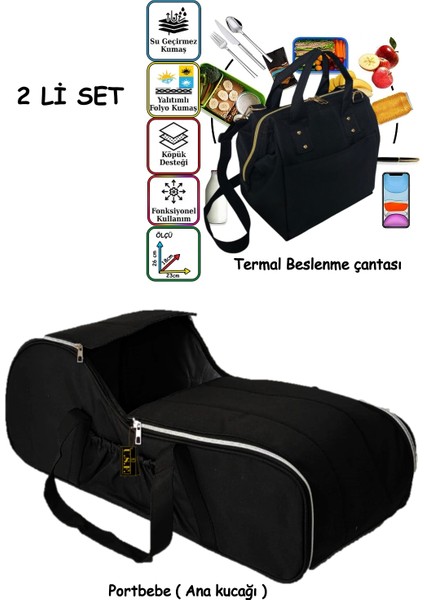 Portbebe Ana Kucağı Puset Bebek Taşıma + Anne Bebek Termal Çanta 2 Li Set