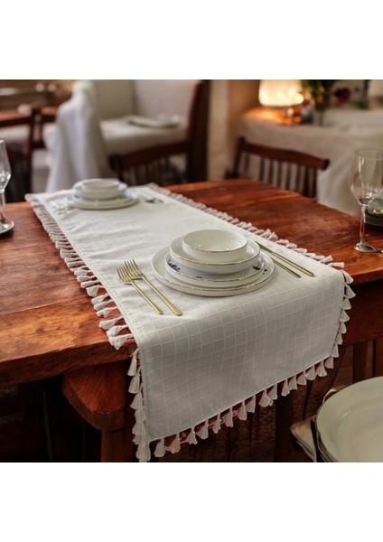 Natural, %100 Organik Pamuklu, Kenar Püsküllü, Naturel Keten Runner