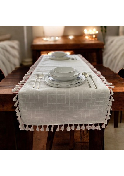 Natural, %100 Organik Pamuklu, Kenar Püsküllü, Naturel Keten Runner fiyatları