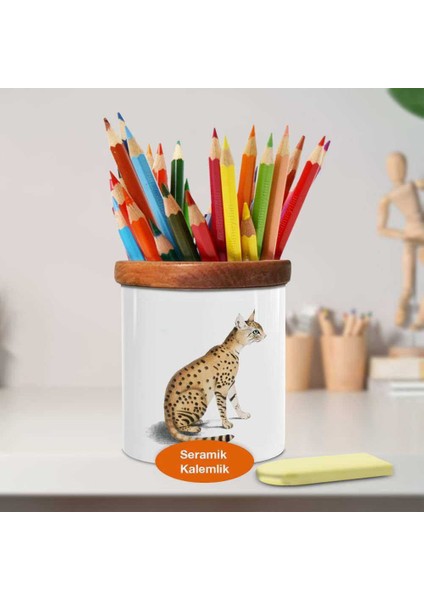 Leopar Kedi Ahşap Seramik Kalemlik - 53876-43244 fiyatları