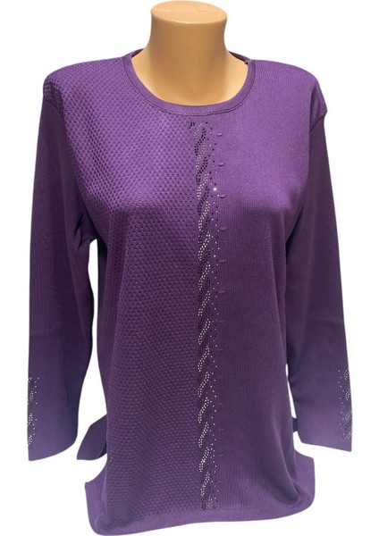 Yuvarlak Yaka Önü Inci Taş Işleme Detaylı Kışlık Anne Kazak