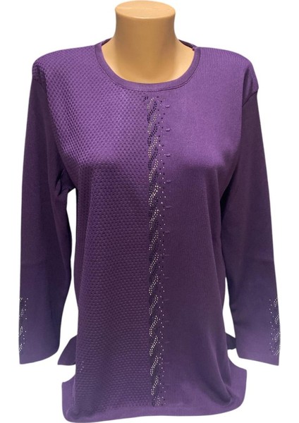 Yuvarlak Yaka Önü Inci Taş Işleme Detaylı Kışlık Anne Kazak fiyatları