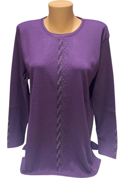 Yuvarlak Yaka Önü Inci Taş Işleme Detaylı Kışlık Anne Kazak modelleri