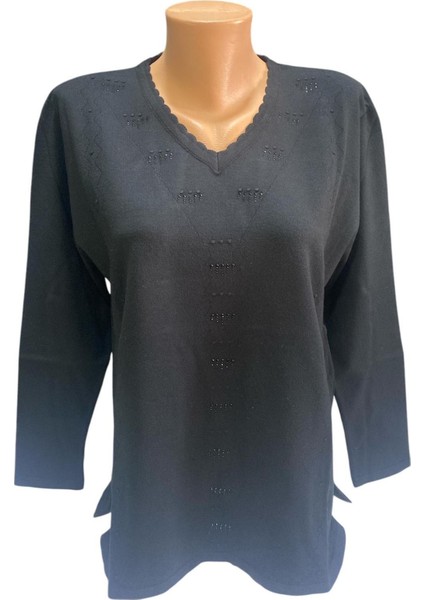 V Yaka Taş Işlemeli Kışlık Anne Kazak