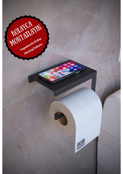Metal Modern Telefon, Aksesuar Raflı Tuvalet Wc Kağıtlık Peçete Askısı Siyah