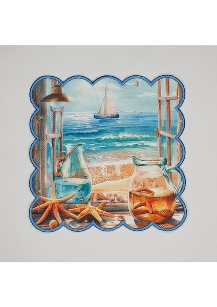 Deniz Gemi Ve Plaj Manzara Tasarımlı Etrafı Nakışlı Kokteyl Peçetesi