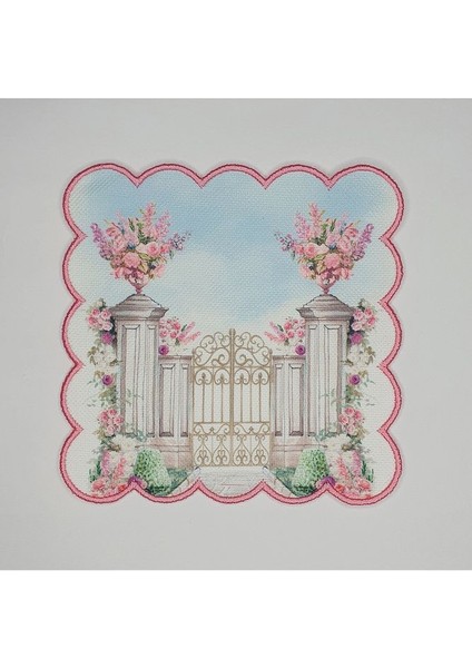 Pembe Çiçekler Ve Saray Desenli Düğün Temalı Etrafı Nakışlı Kokteyl Peçetesi