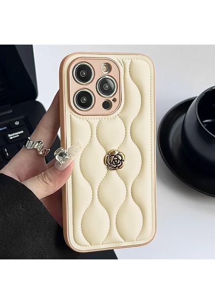 Apple iPhone 16 Pro Uyumlu Kılıf Zebana Camellia Deri Kılıf Bej