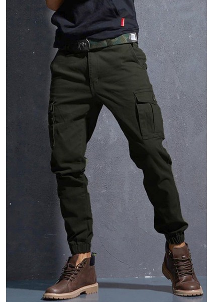Yazlık Kargo Pantolon - Gabardin Siyah Kargo - Likralı, Lastikli Paça, Regular, Erkek