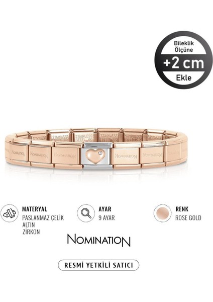 Italy Composable Zirkon Taşlı 9k Altın Kalp ve Çelik Bileklik Rose