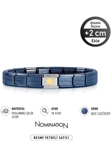 Italy Composable 18 Ayar Altın Altın Şişman Yıldız ve Çelik Bileklik Mat Lacivert