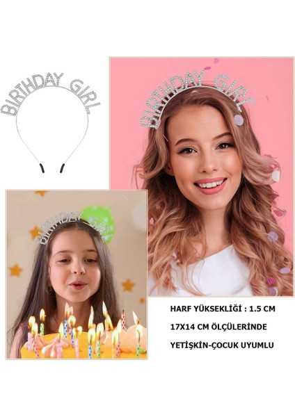 Kristal Taşlı Gümüş Birthday Girl Yazılı Doğum Günü Parti Tacı 19x11 cm