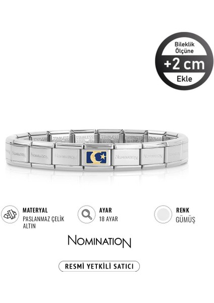 Italy Composable 18 Ayar Altın Mavi Ay Yıldız ve Çelik Bileklik Sılver