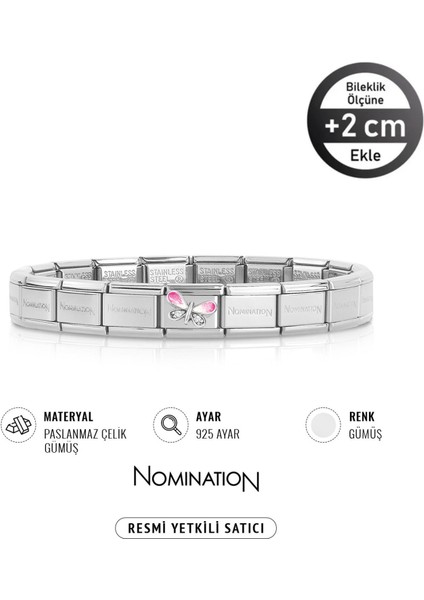 Italy Composable 925 Ayar Gümüş Zirkon Taşlı Pembe Beyaz Kelebek ve Çelik Bileklik Sılver