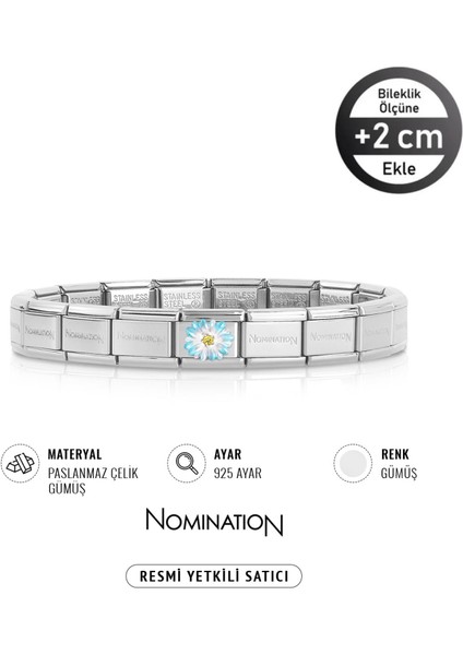 Italy Composable 925 Ayar Gümüş Açık Mavi Beyaz Çiçek ve Çelik Bileklik Sılver