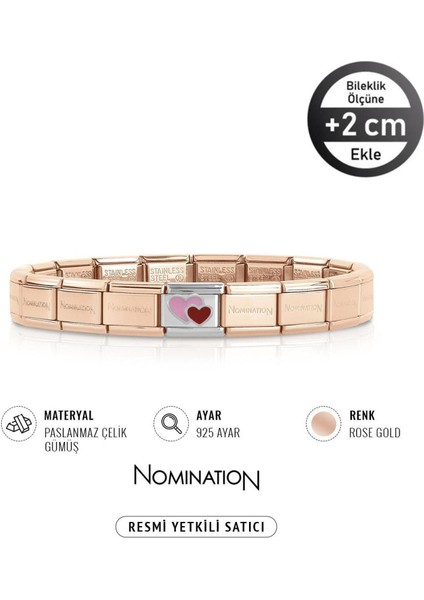 Italy Composable 925 Ayar Gümüş Çift Kalp Pembe Kırmızı ve Çelik Bileklik Rose