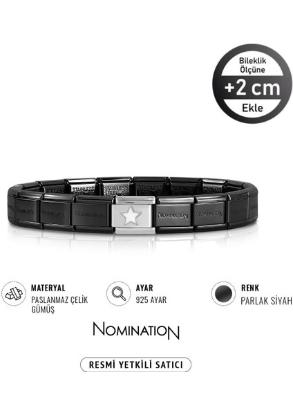Italy Composable 925 Ayar Gümüş B.yıldız ve Çelik Bileklik Parlak Siyah