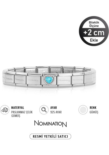 Italy Composable 925 Ayar Gümüş Zirkon Taşlı Turkuaz Kalp ve Çelik Bileklik Sılver