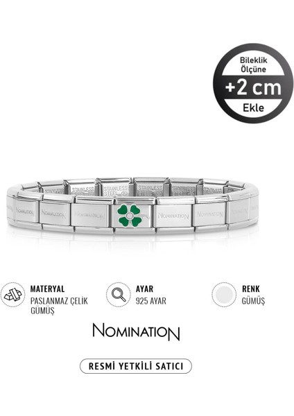 Italy Composable 925 Ayar Gümüş Zirkon Taşlı Yeşil Yonca ve Çelik Bileklik Sılver