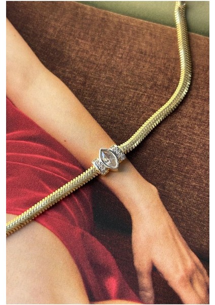 14 K Gold Kaplama 925 Ayar Gümüş Balık Sırtı Tek Taş Bileklik