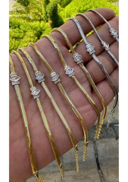 14 K Gold Kaplama 925 Ayar Gümüş Balık Sırtı Tek Taş Bileklik fiyatları