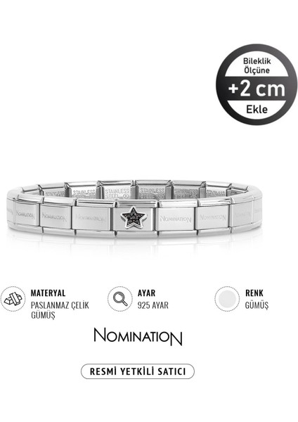 Italy Composable 925 Ayar Gümüş Zirkon Siyah Taşlı Yıldız ve Çelik Bileklik Sılver