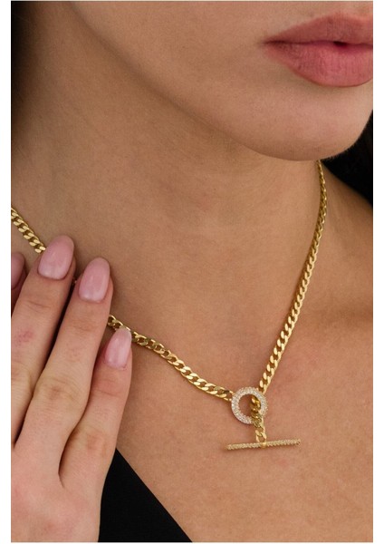 14 K Gold Kaplama 925 Ayar Gümüş T Kilit Choker Gurmet Zincir