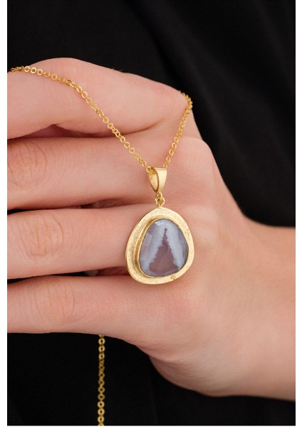 14 K Gold Kaplama 925 Ayar Gümüş Doğal Kalsedon Kolye