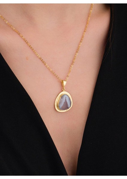 14 K Gold Kaplama 925 Ayar Gümüş Doğal Kalsedon Kolye
