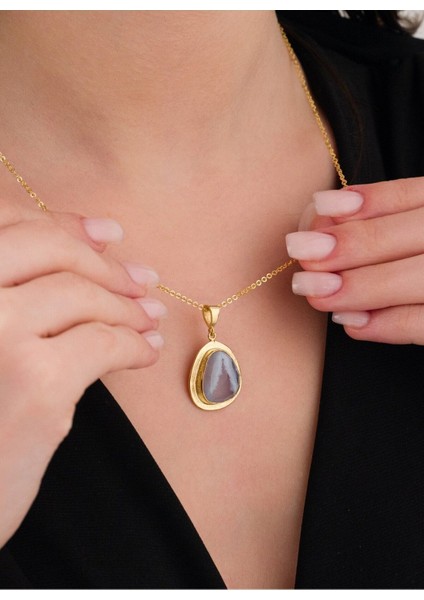 14 K Gold Kaplama 925 Ayar Gümüş Doğal Kalsedon Kolye