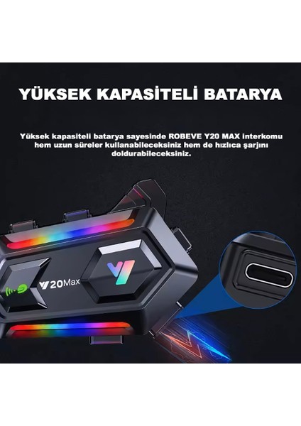 Y20 Max Motorsiklet Intercom Su Geçirmez Kask Intercom Rgb Bluetooth 5.3 2 Kişilik