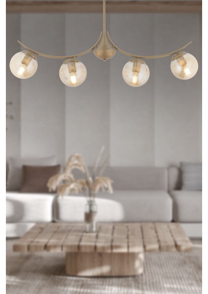 Germaine 4'lü Sıralı Eskitme Bal Camlı Modern Oturma Odası Salon Avize