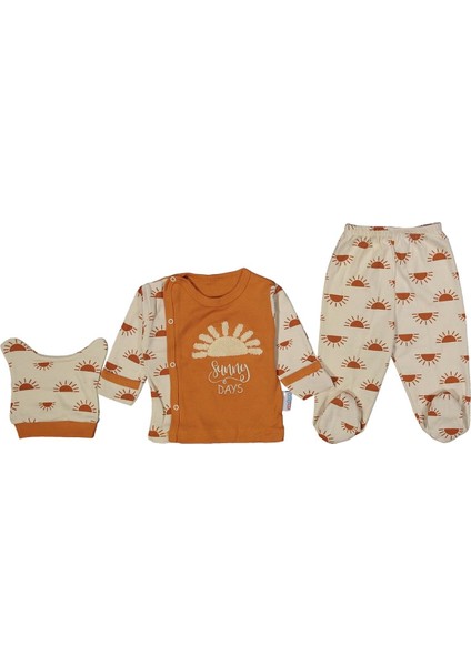 Unisex Ekru Turuncu Güneş Baskılı Çıt Çıtlı 3'lü Pijama Takımı 0-3 Ay