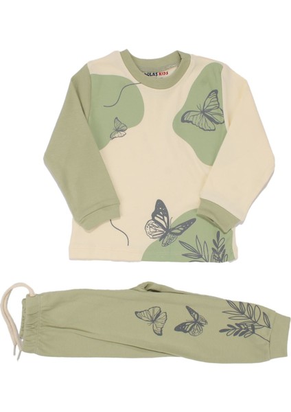 Kız Çocuk Ekru Yeşil Kelebek Baskılı 2'li Pijama Takımı