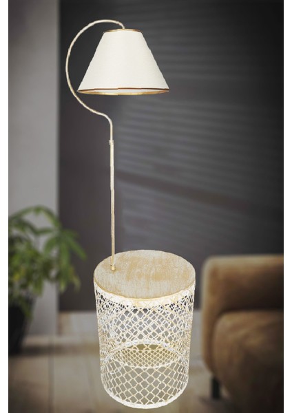 Aydınlatma Lambader Gold Sehpalı Elips Krem Sarı Patine (Gold Çember) Krem Şapka.