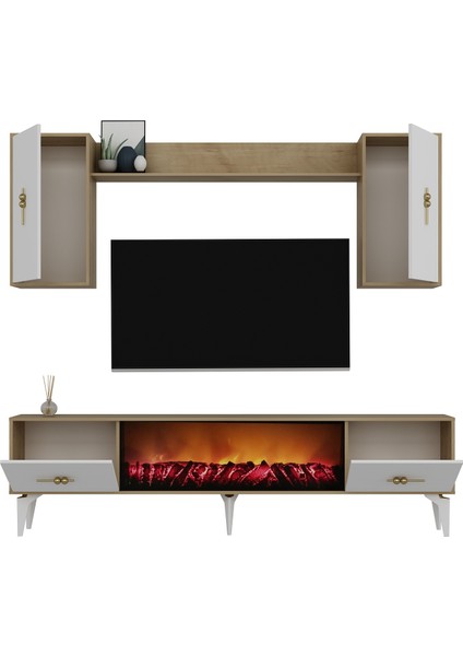 Sintaa 180 cm Şömineli(B) Tv Ünitesi, KONSOL(K x 180) ve Orta Sehpa Salon Takımı Safirmeşe-Beyaz