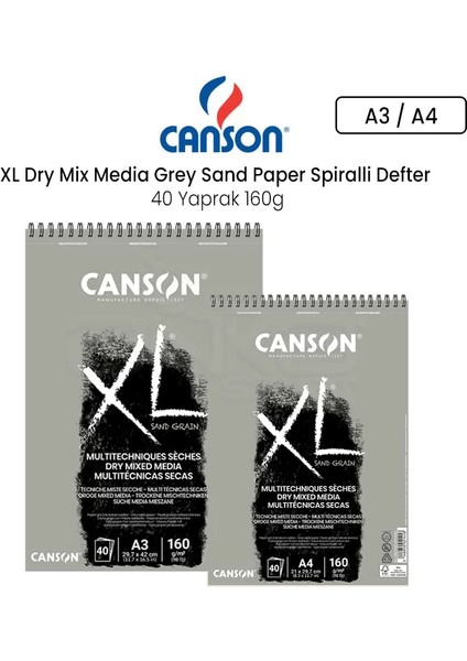 Xl Dry Mix Media Grey Sand Paper Spiralli Defter 40 Yaprak 160 gr