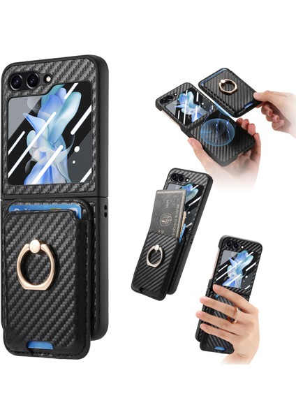 Samsung Galaxy Z Flip5 5g Halka Tutucu Kart Çantası Deri + Pc Telefon Kapağı (Yurt Dışından)