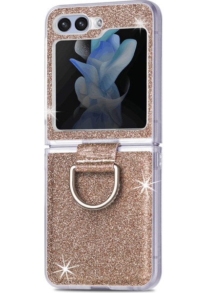 Samsung Galaxy Z Flip6 5g Deri + Pc Glitter Telefon Kapağı Yapay Yüzük Tutucu (Yurt Dışından)