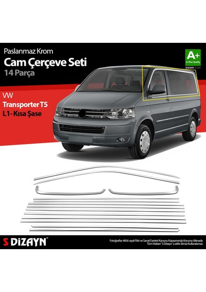 S-Dizayn Vw Transporter T5 Kısa Şase Krom Cam Çerçeve Seti 2003-2015 Tek Sürgü