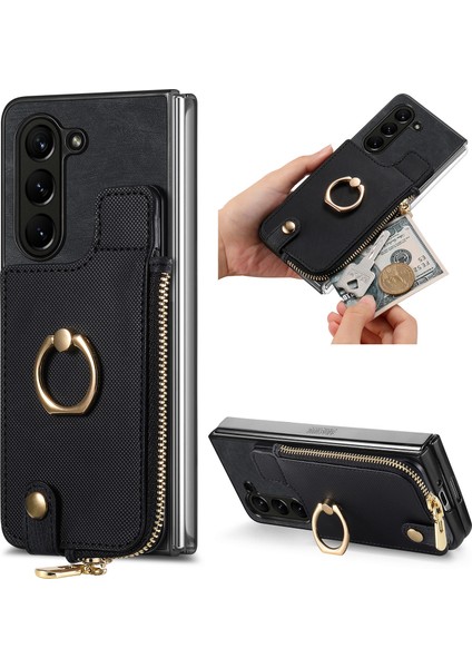 Samsung Galaxy Z Fold6 5g Fermuarlı Cep Halka Tutucu Deri + Pc Telefon Kapağı (Yurt Dışından)