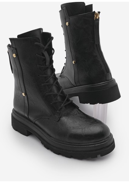 Kadın Arkadan Fermuarlı Zımba Detaylı Kalın Taban Postal Bot Likesta Siyah