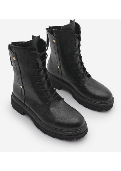 Kadın Arkadan Fermuarlı Zımba Detaylı Kalın Taban Postal Bot Likesta Siyah indirimleri