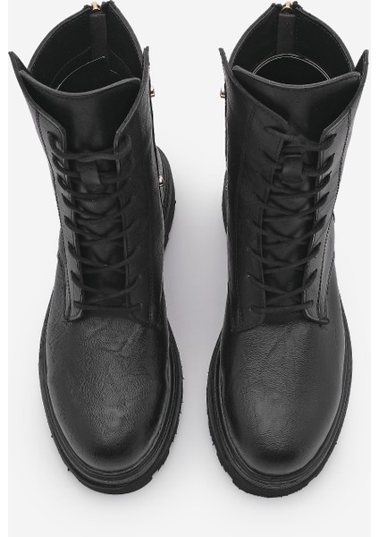 Kadın Arkadan Fermuarlı Zımba Detaylı Kalın Taban Postal Bot Likesta Siyah