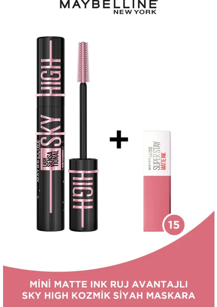 Maybelline New York Lash Sensational Sky High Cosmic Black Maskara + Mini Matte Ink Likit Mat Ruj - 15 Lover