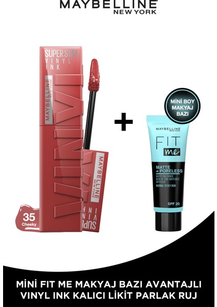 Super Stay Vinyl Ink Uzun Süre Kalıcı Likit Parlak Ruj 35 Cheeky + Fit Me Primer Matte Mini