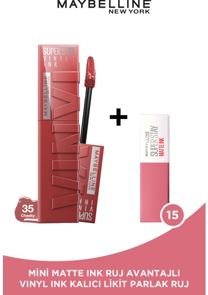 Maybelline New York Super Stay Vinyl Ink Uzun Süre Kalıcı Likit Parlak Ruj 35 Cheeky + Mini Matte Ink Likit Mat Ruj - 15 Lover